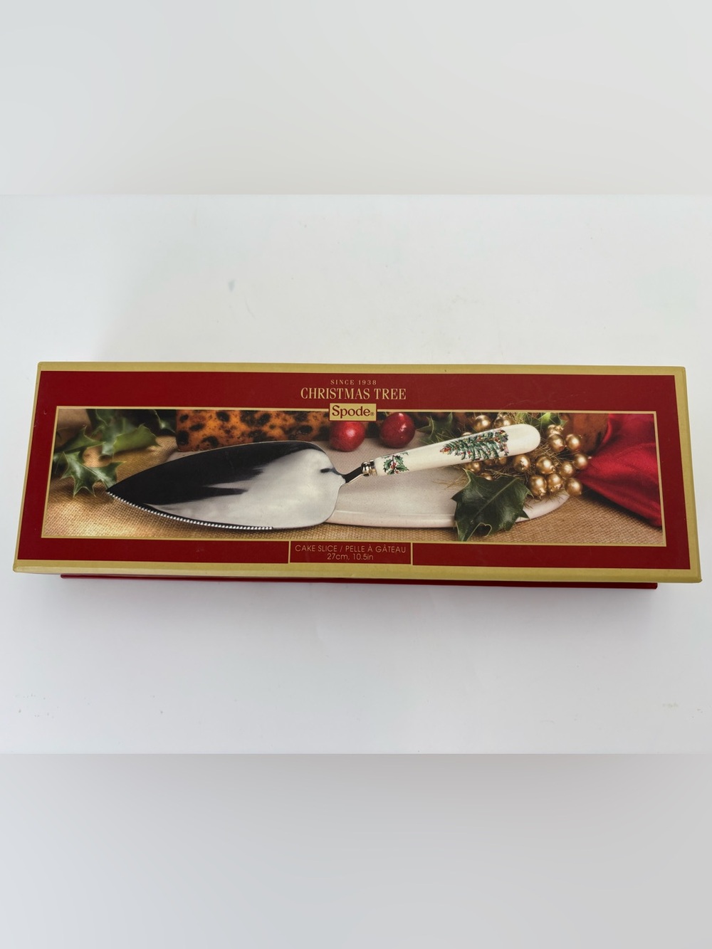New in Box Spode Christmas Tree Cake Server with Green Tree Motif